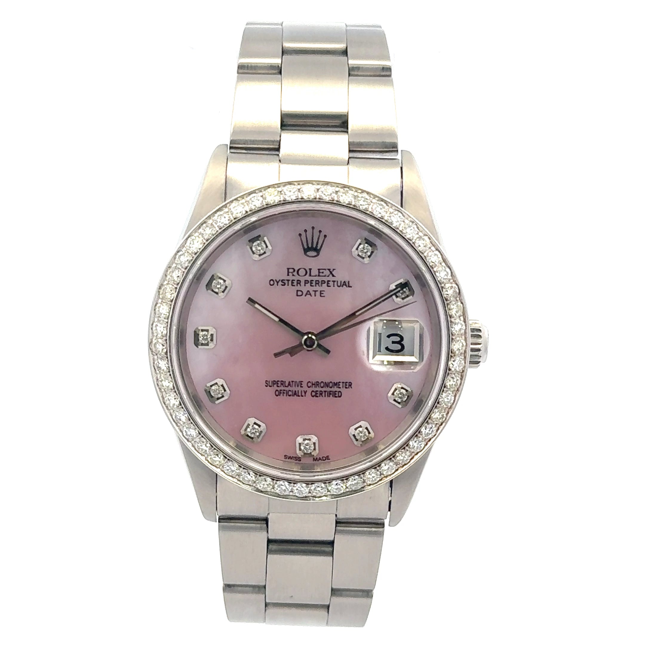 1996 Rolex Date #15200 - Pink Mother of Pearl Diamond Dial & Bezel