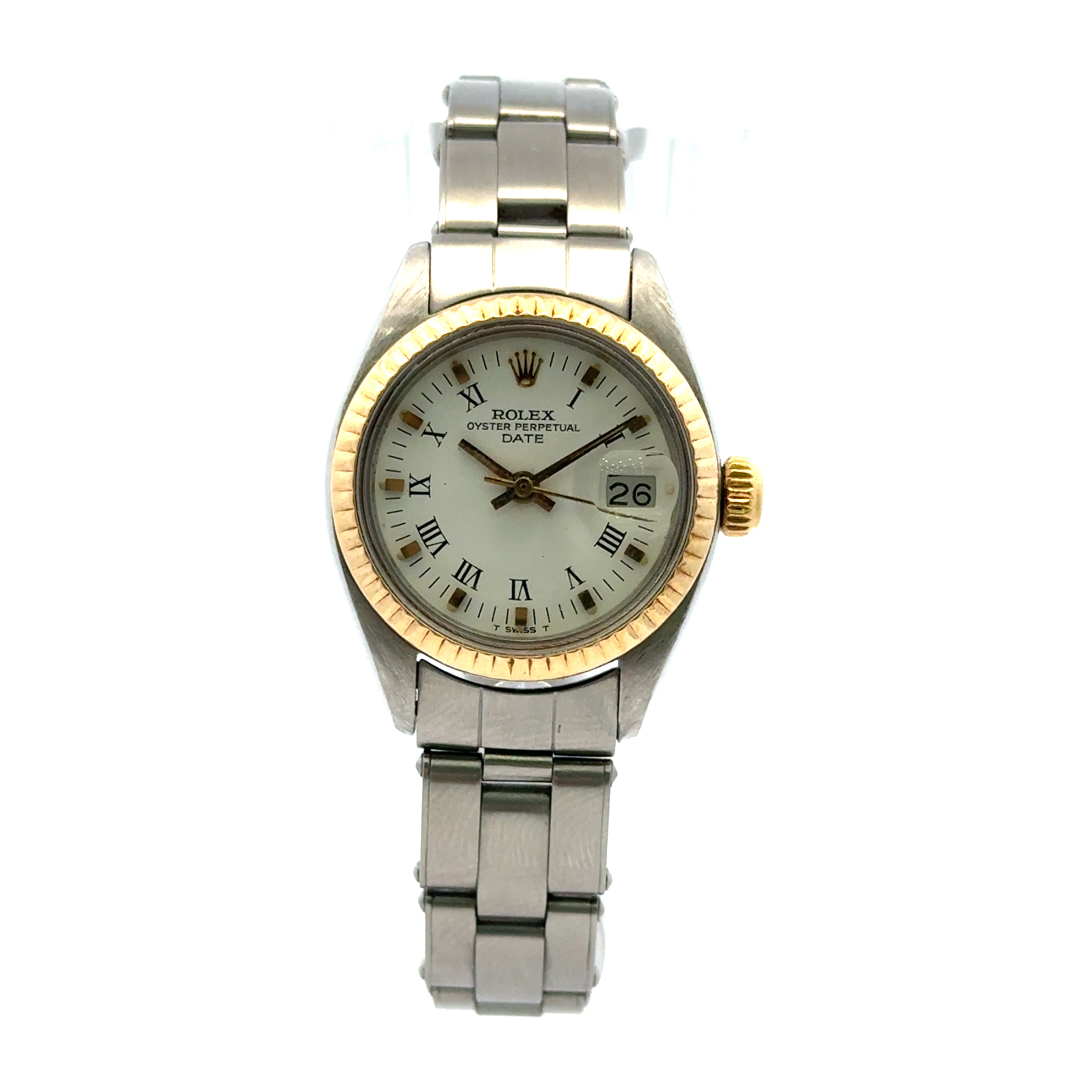 1978 Rolex Date #6917 26mm Ladies Roman Numerals White Fluted Bezel 18K