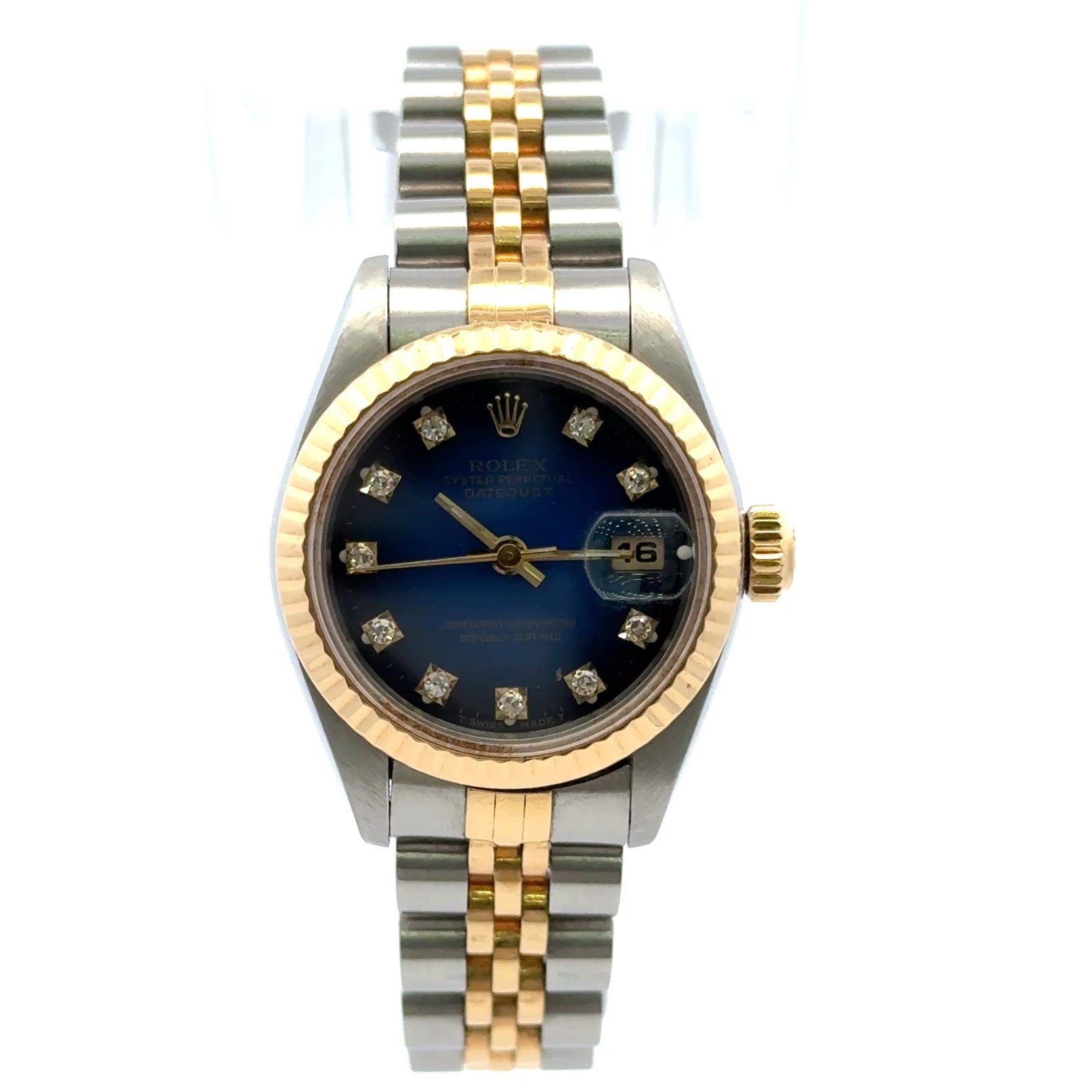 1995 Rolex Datejust #69173- Ladies 26mm Blue Vignette Diamond Dial Fluted Yellow Gold Bezel