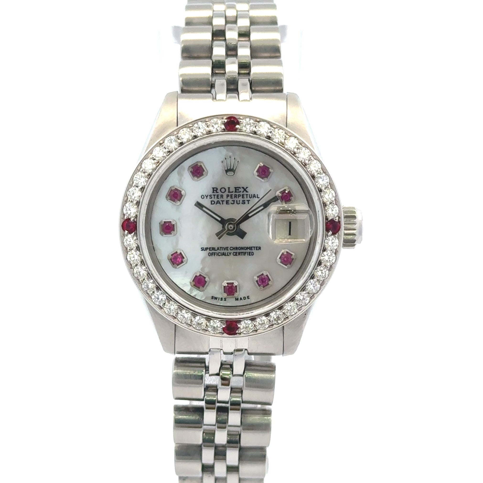1974 Rolex Datejust #6919 - 26mm Ladies Diamond Bezel & MOP Ruby Dial Jubilee Band