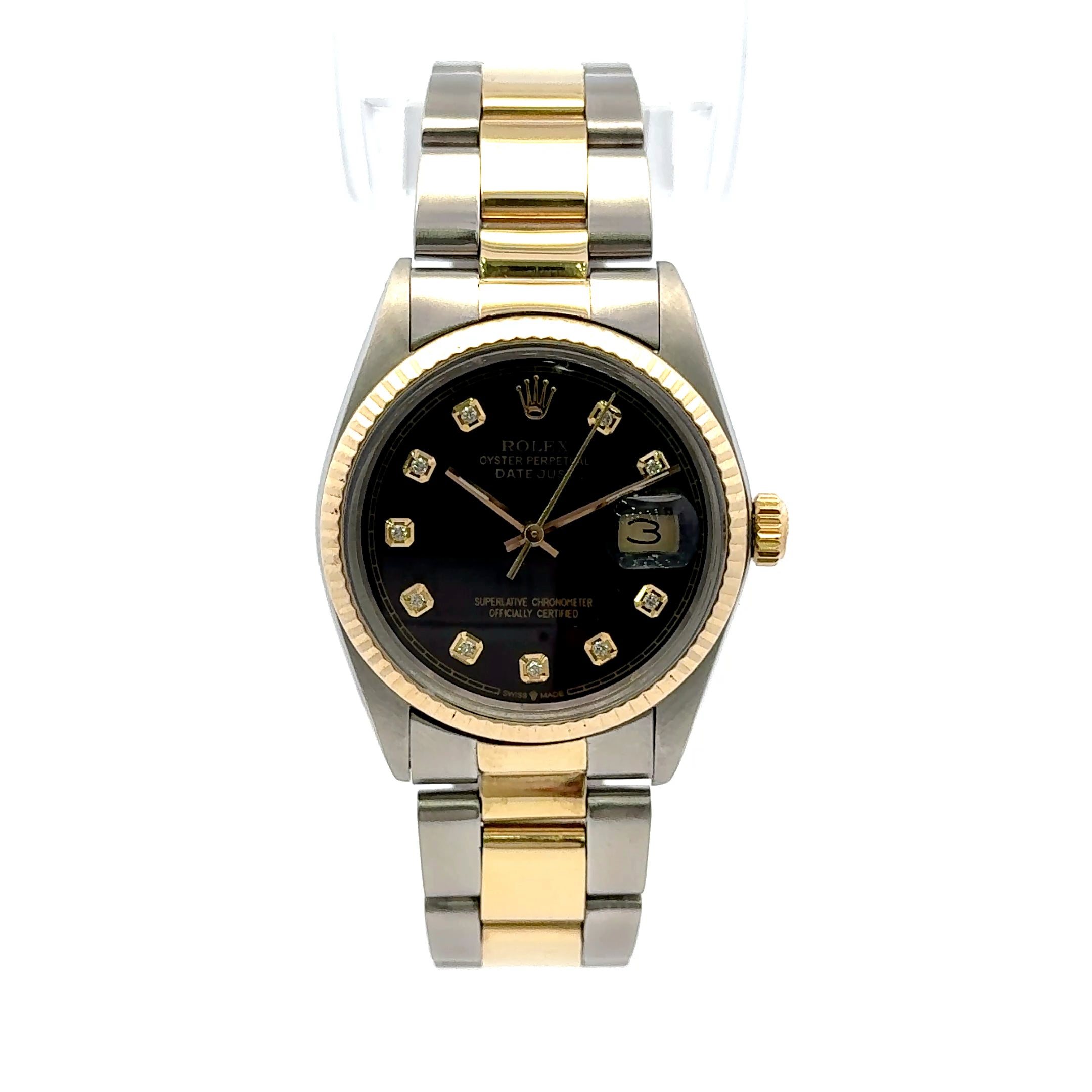 1989 Rolex Datejust #16013 36mm Oyster Fluted Bezel Diamond Gold Dial Black