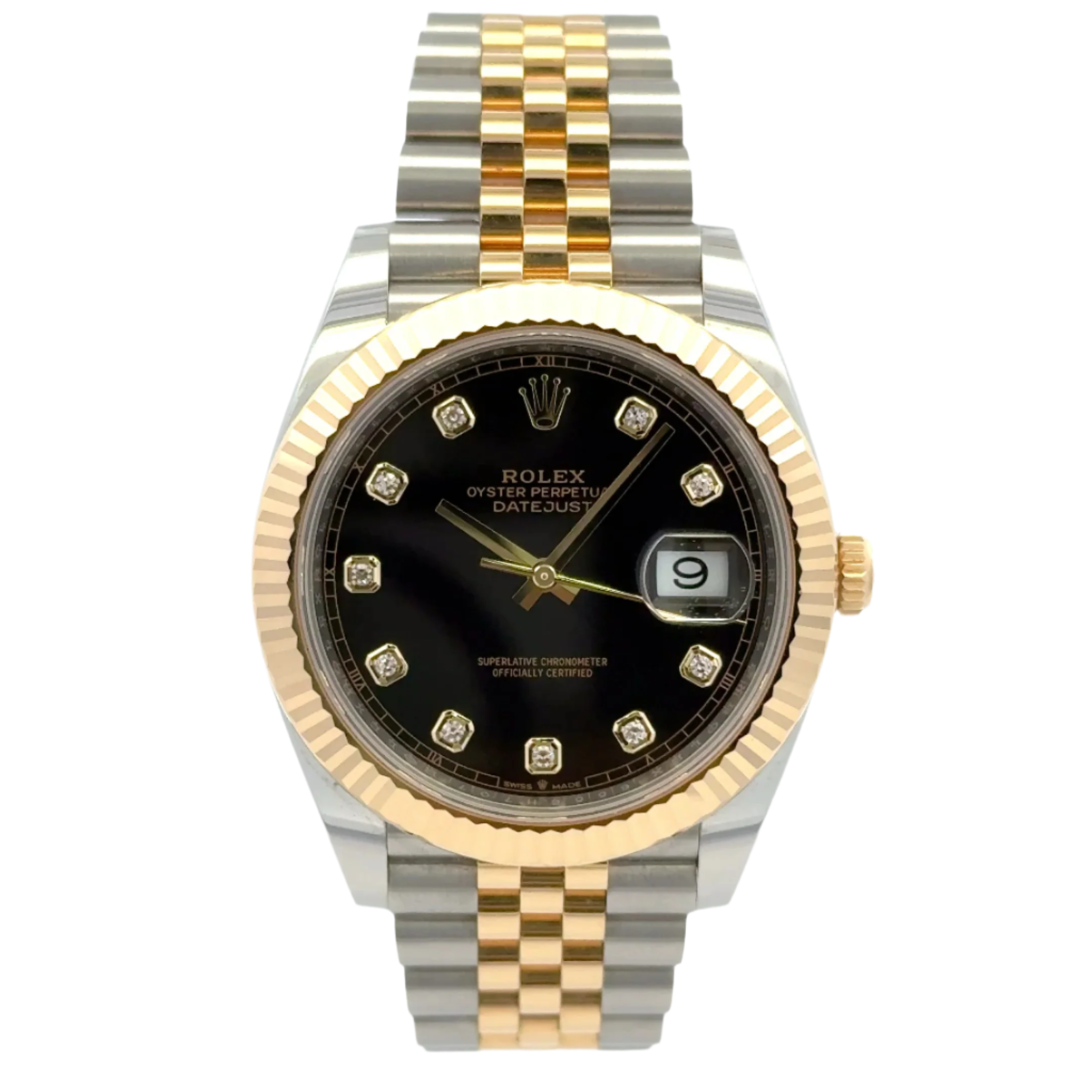 2024 Rolex Datejust #126333 - 41mm Jubilee Black 10 Diamond 18K Fluted Bezel Yellow Gold