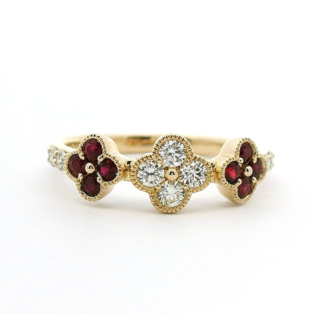 RING 14KY .26CTW DIAMOND RUBY .26CT ROUND RUBY 3 CLOVER LEAF D