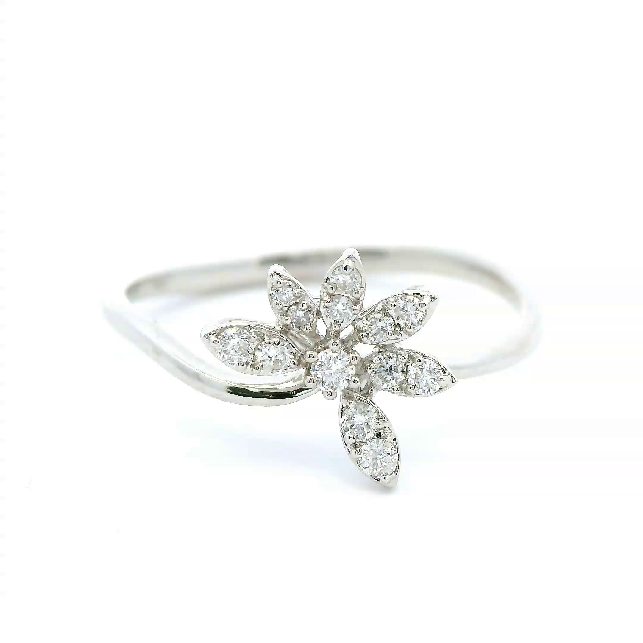 RING 14KW 0.15CTW DIAMOND HALF-FLOWER LADIES RING- 6 LEAFS -