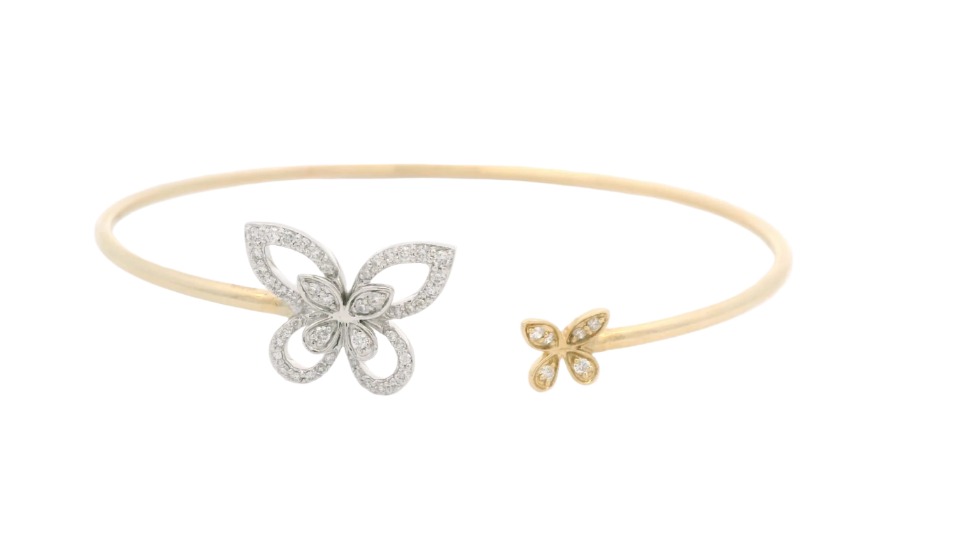 BRACELET 14KY+W 0.35CTW DIAMOND TWO TONE OPEN CUFF BANGLE - TWO BUTTERFLIES