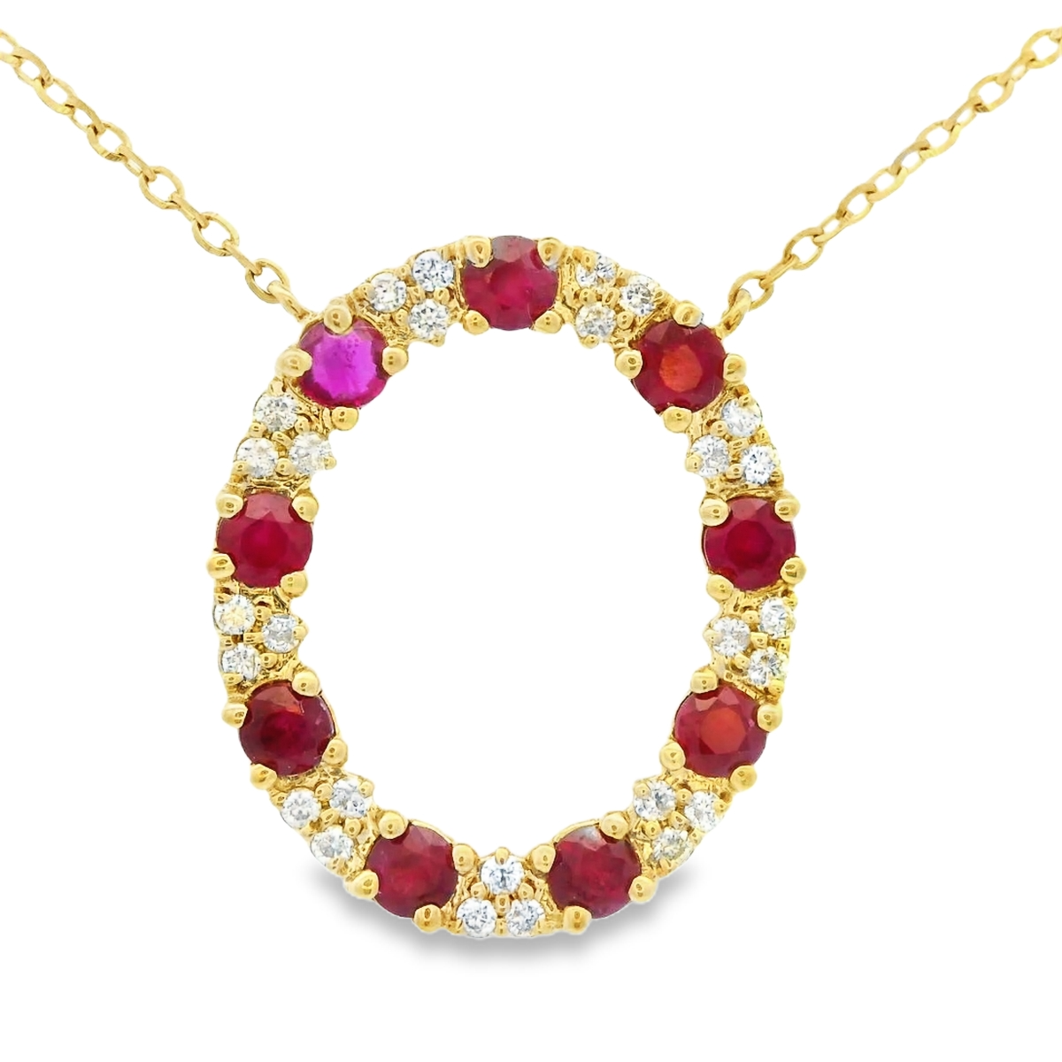 NECKLACE 14KY 0.15CTW DIAMOND & EMERALD CIRCLE NECKLACE- 0.60CT ROUND RUBY