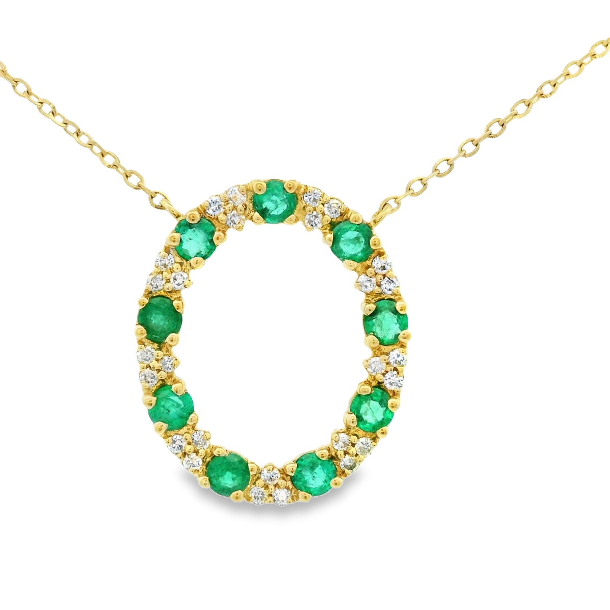 NECKLACE 14KY 0.15CTW DIAMOND & EMERALD CIRCLE NECKLACE- 0.50CT ROUND EMERALD