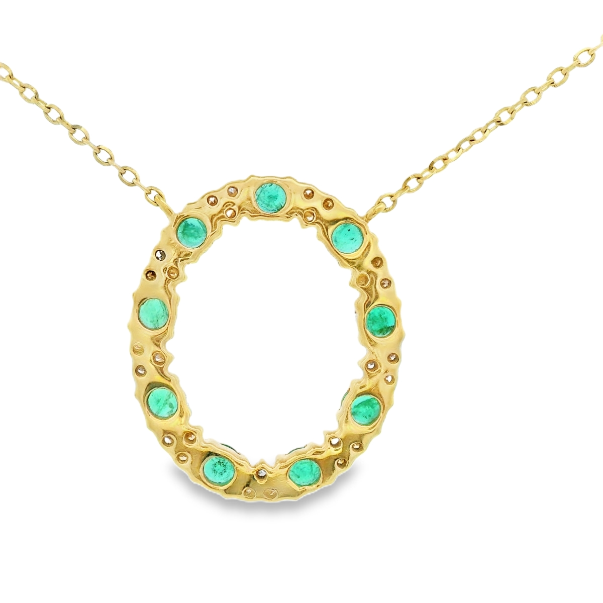 NECKLACE 14KY 0.15CTW DIAMOND & EMERALD CIRCLE NECKLACE- 0.50CT ROUND EMERALD