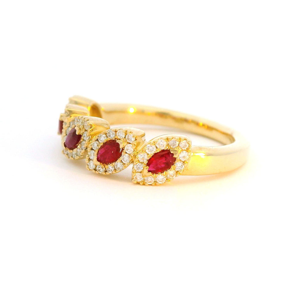 
                      
                        RING 14KW .27CTW DIAMOND & RUBY .42 5 STONE LEAF W HALO
                      
                    