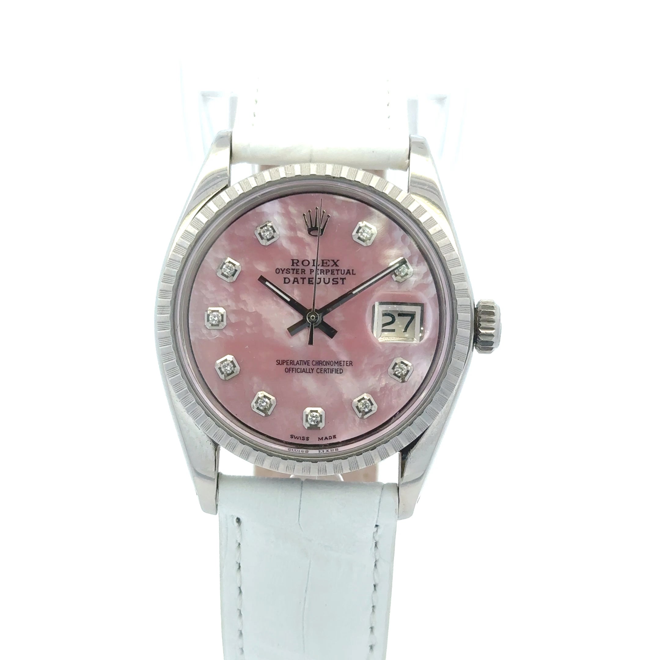 1965 Rolex Perpetual #6549 - Oyster Perpetual White Leather Band with Pink Mother of Pearl Diamond Dial