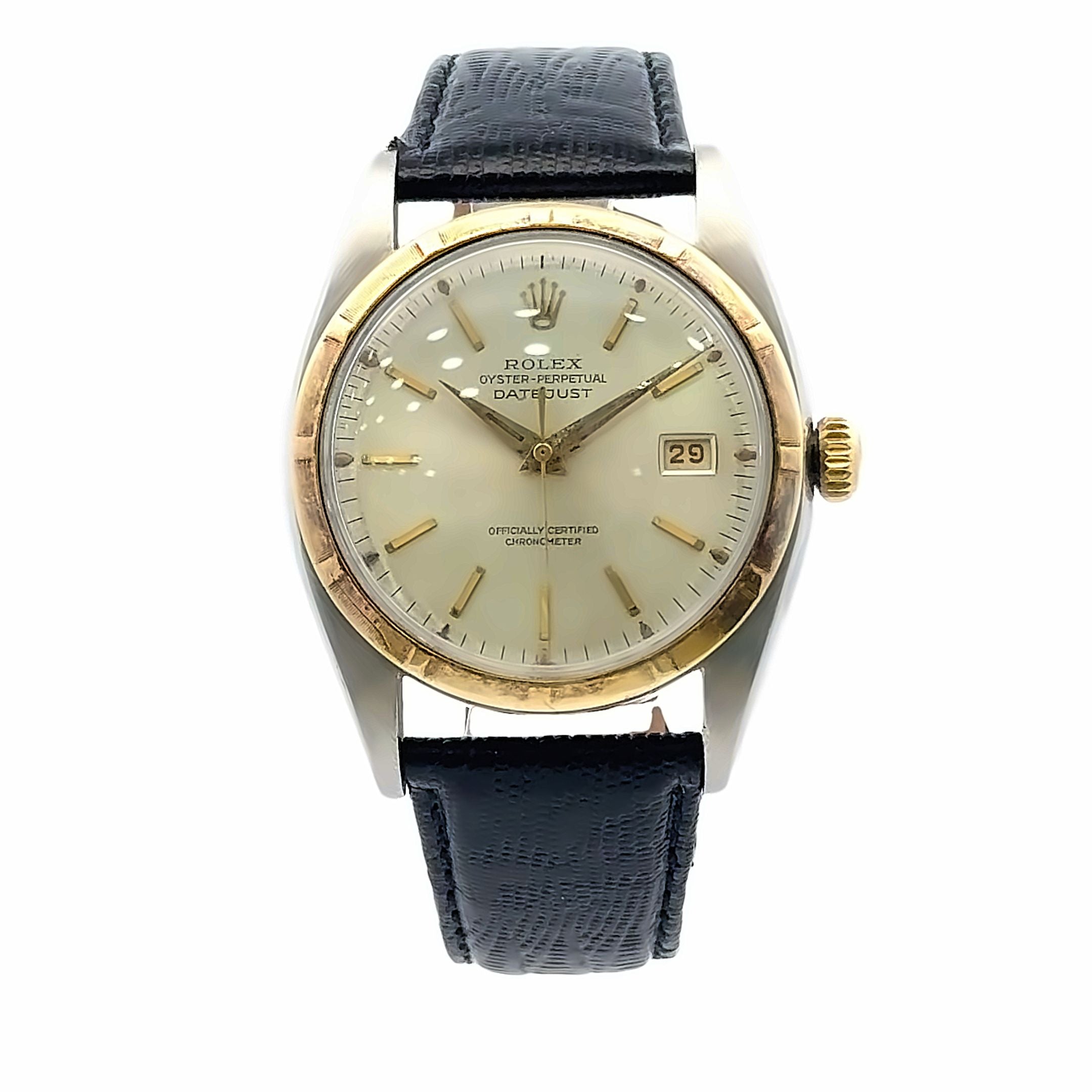 1966 Rolex Datejust #6105 - Vintage Oyster Perpetual White Dial With Gold Hands And Leather Black Band