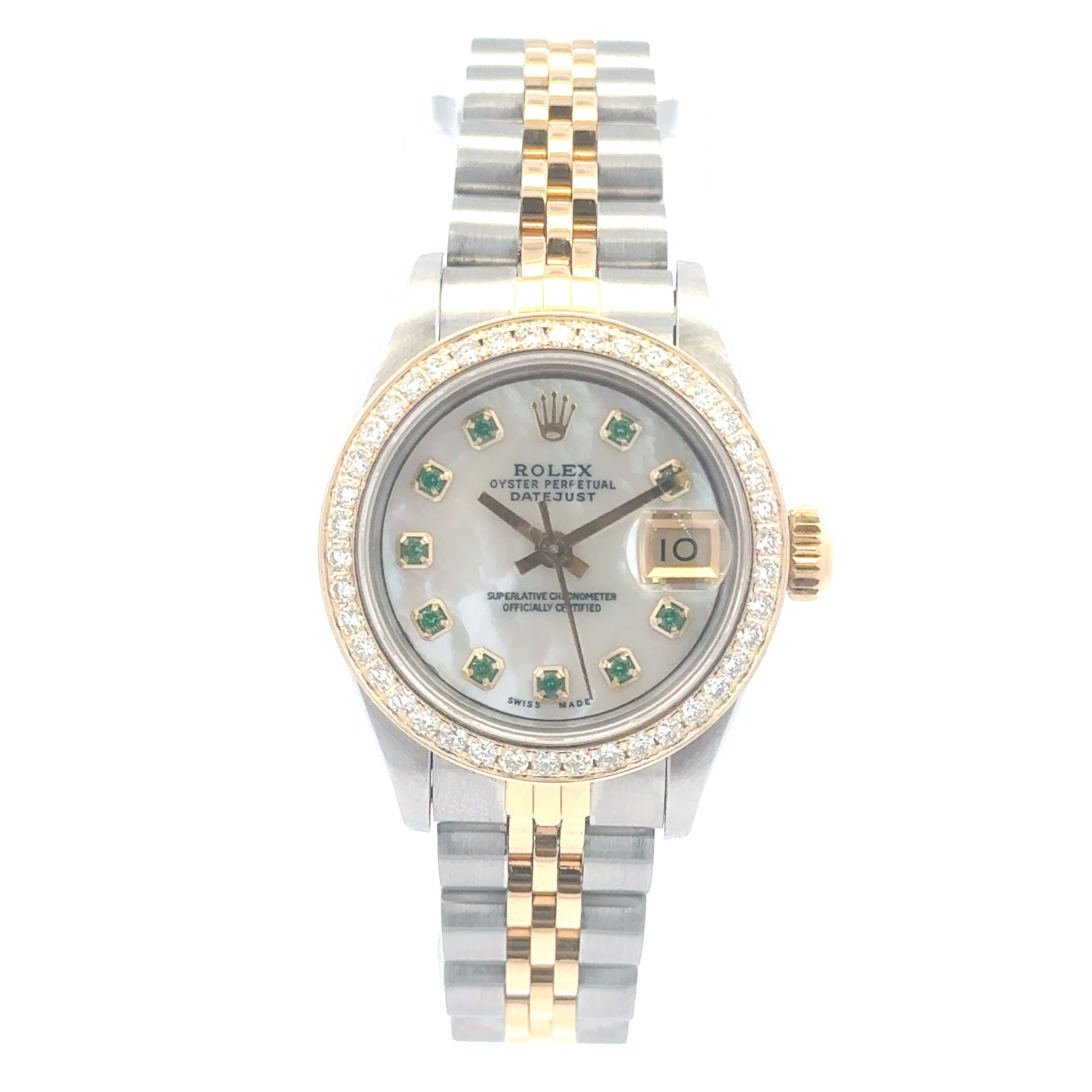 1988 Rolex Datejust #69173 - Oyster Perpetual Jubilee White Mother Of Pearl With Emerald Dial & diamond Bezel