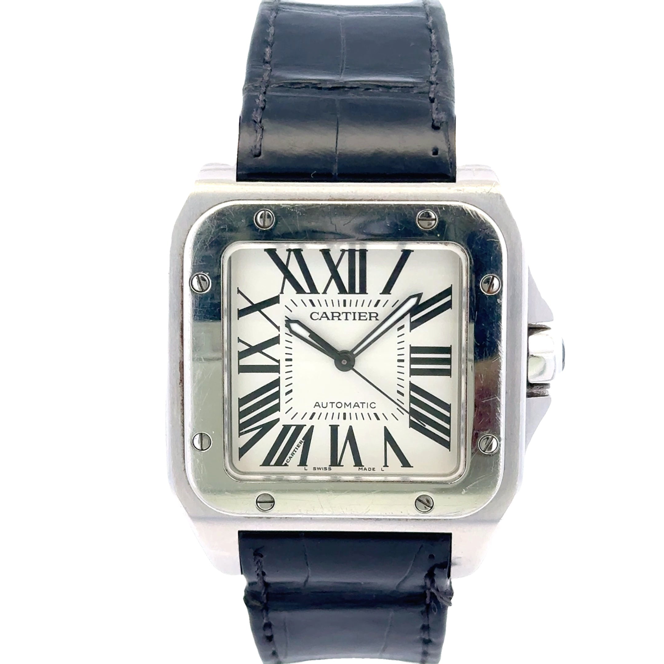 Cartier SANTOS100 XL #2878 - Automatic Black Leather Band With White Roman Numeral Dial