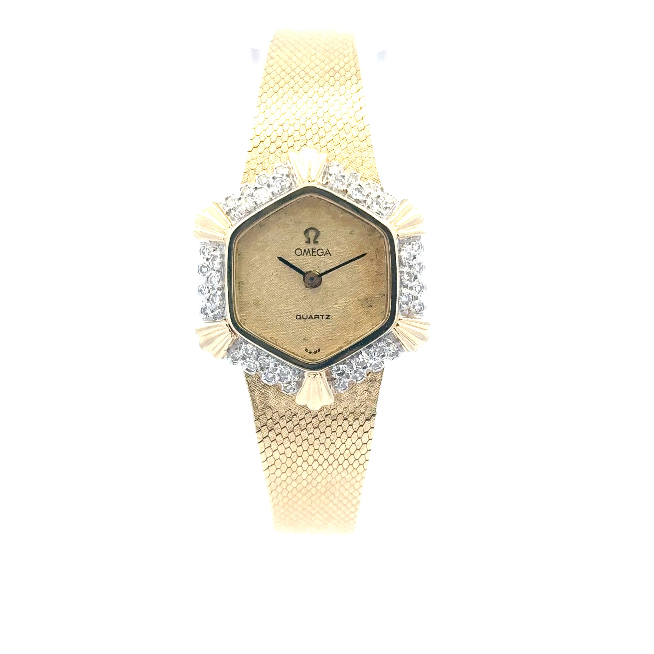 Omega Quartz #HH7411-R - All Gold Hexa With Diamond Bezel