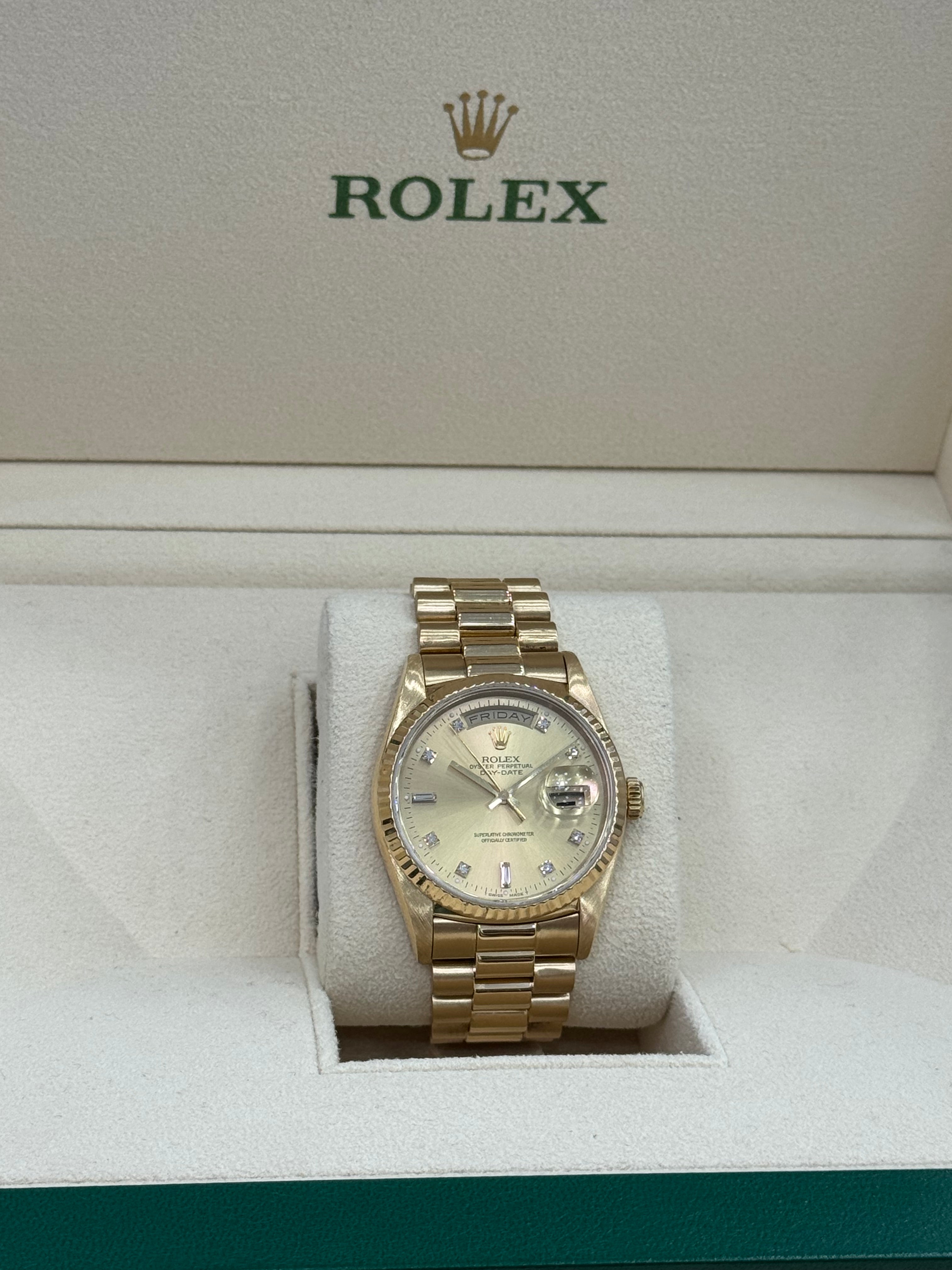 1989 Rolex Day Date #18038 - 36 mm Presidential 18k Full Gold Fluted Bezel Gold Diamond Dial