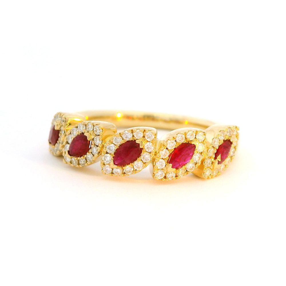 RING 14KW .27CTW DIAMOND & RUBY .42 5 STONE LEAF W HALO