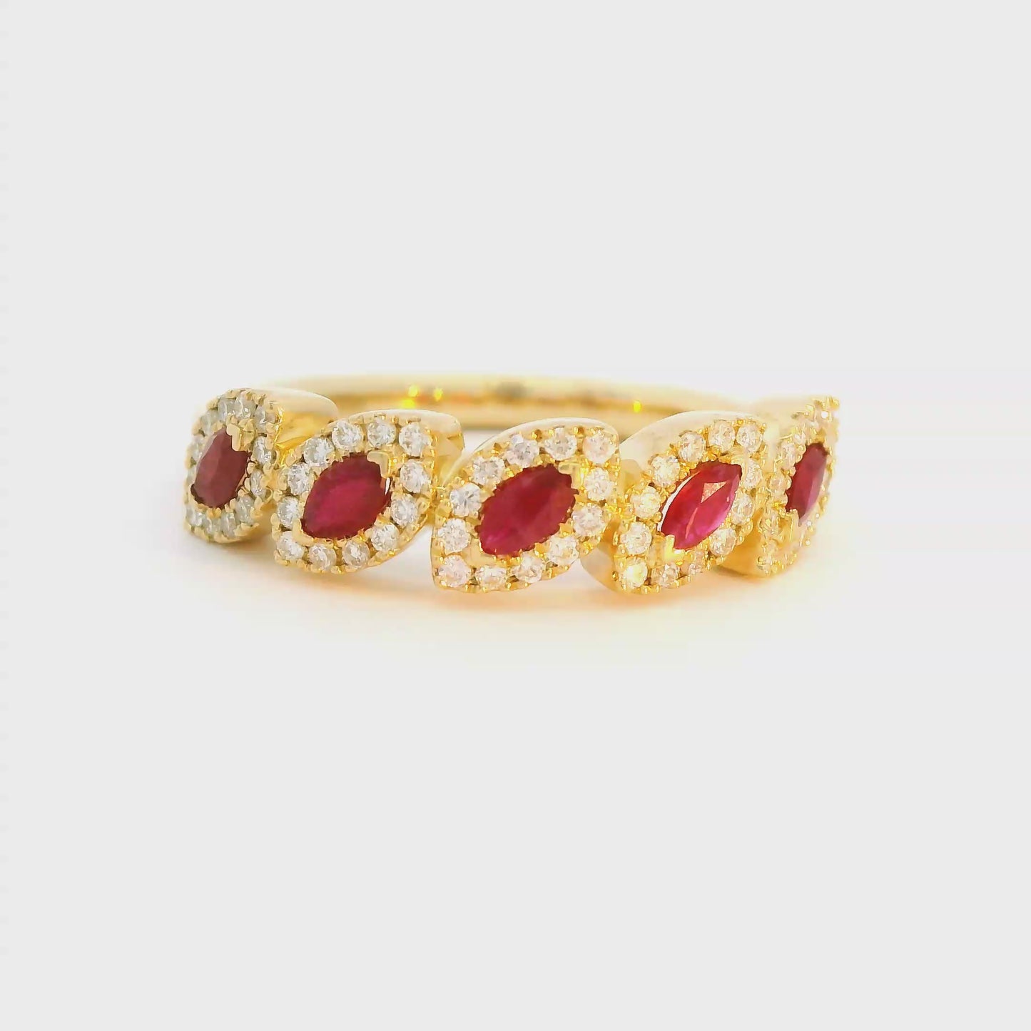 RING 14KW .27CTW DIAMOND & RUBY .42 5 STONE LEAF W HALO