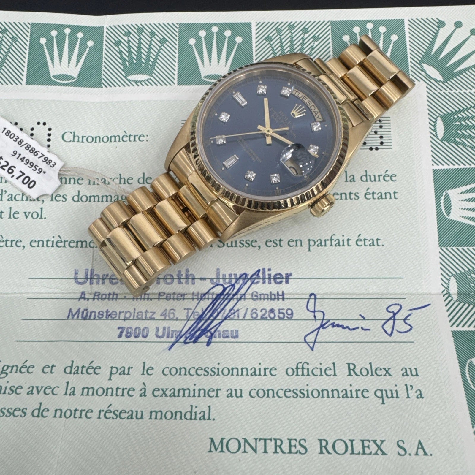 Rolex Day-Date “President” 18038 (1985) – 18K Yellow Gold, Original Box & Papers
